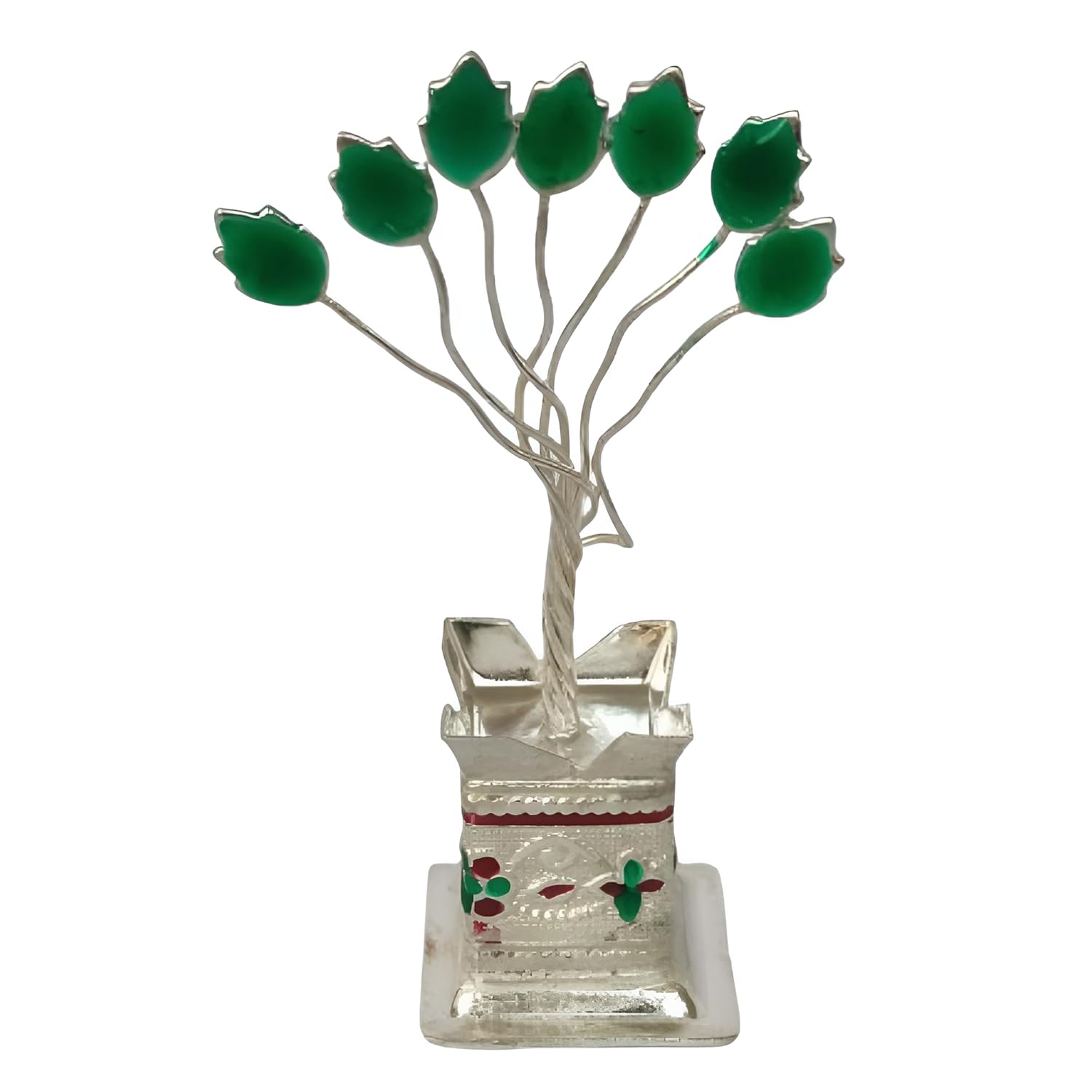 Sri Sisters German Silver Tulsi Plant for Pooja – Handcrafted Silver Plated Tulsi Tree for Worship, Vastu, Home Temple Decor, Car Dashboard & Wedding Return Gifts – 8x3cm (3x1 inch)