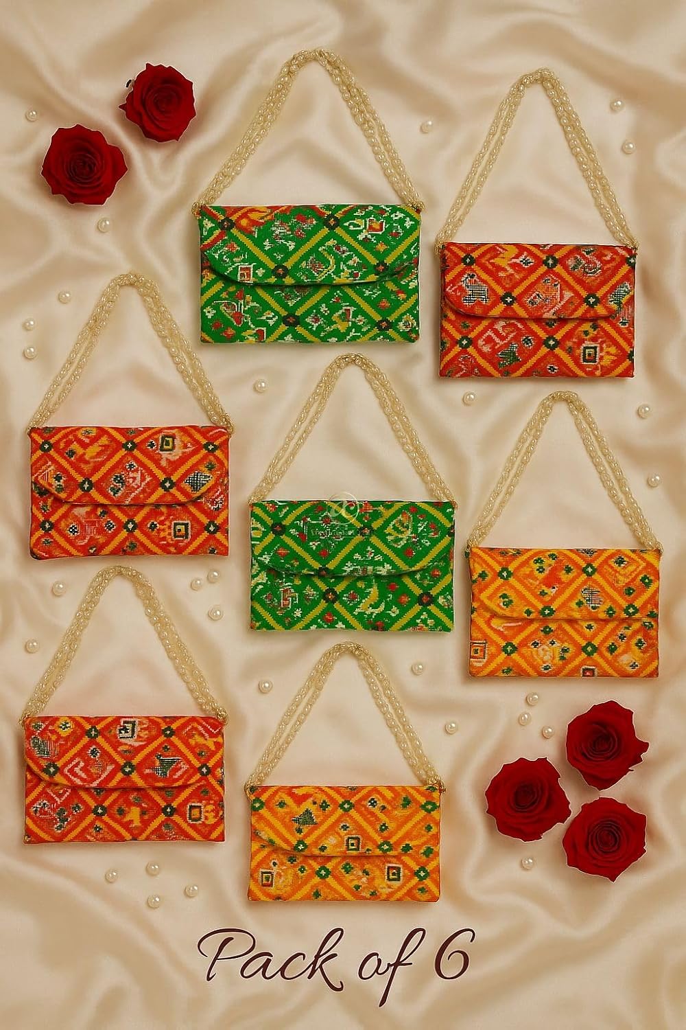 Assorted Bandhej Bandhani Patola Lotus Handbag Handicraft Handmade Ethnic Clutch Purse For Women With Pearl Handle Sling Bag For Return Gift