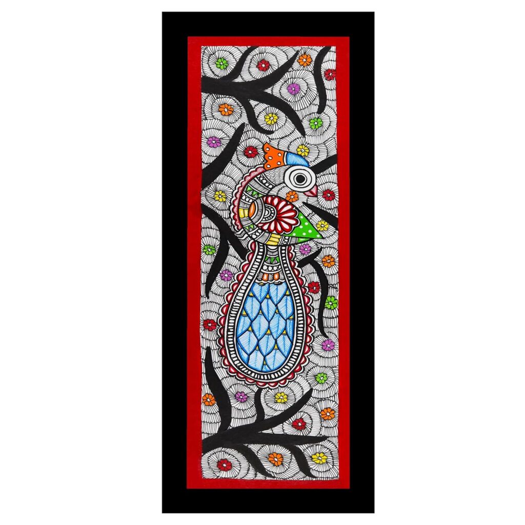 AAKARSHAK Madhubani Handmade Peacock Painting 20x58 cm Framed Wall Decor for Living Room Hallway Office | Traditional Mithila Indian Folk Art Vertical Wall Hanging Home Decor Gift