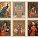 ArtX Paper Indian Madhubani Art Paintings with Frame for Home Decor, Wall Painting for Living Room, Multicolor, Natural Wood Color Frames, 10x13 inch, Set of 6