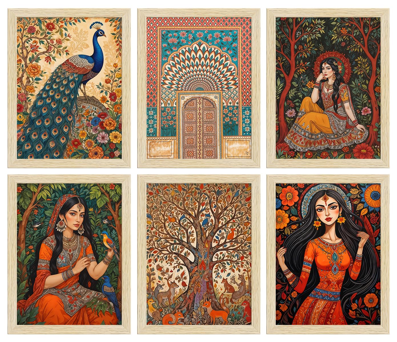 ArtX Paper Indian Madhubani Art Paintings with Frame for Home Decor, Wall Painting for Living Room, Multicolor, Natural Wood Color Frames, 10x13 inch, Set of 6
