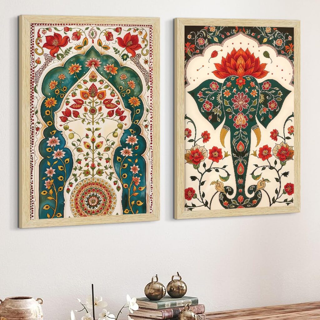 ArtX Paper Madhubani Art Paintings with Frame for Home Decor, Floral Wall Painting for Living Room, Multicolor, Natural Wood Color Frames, Set of 2