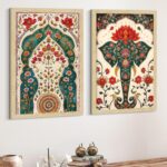 ArtX Paper Madhubani Art Paintings with Frame for Home Decor, Floral Wall Painting for Living Room, Multicolor, Natural Wood Color Frames, Set of 2