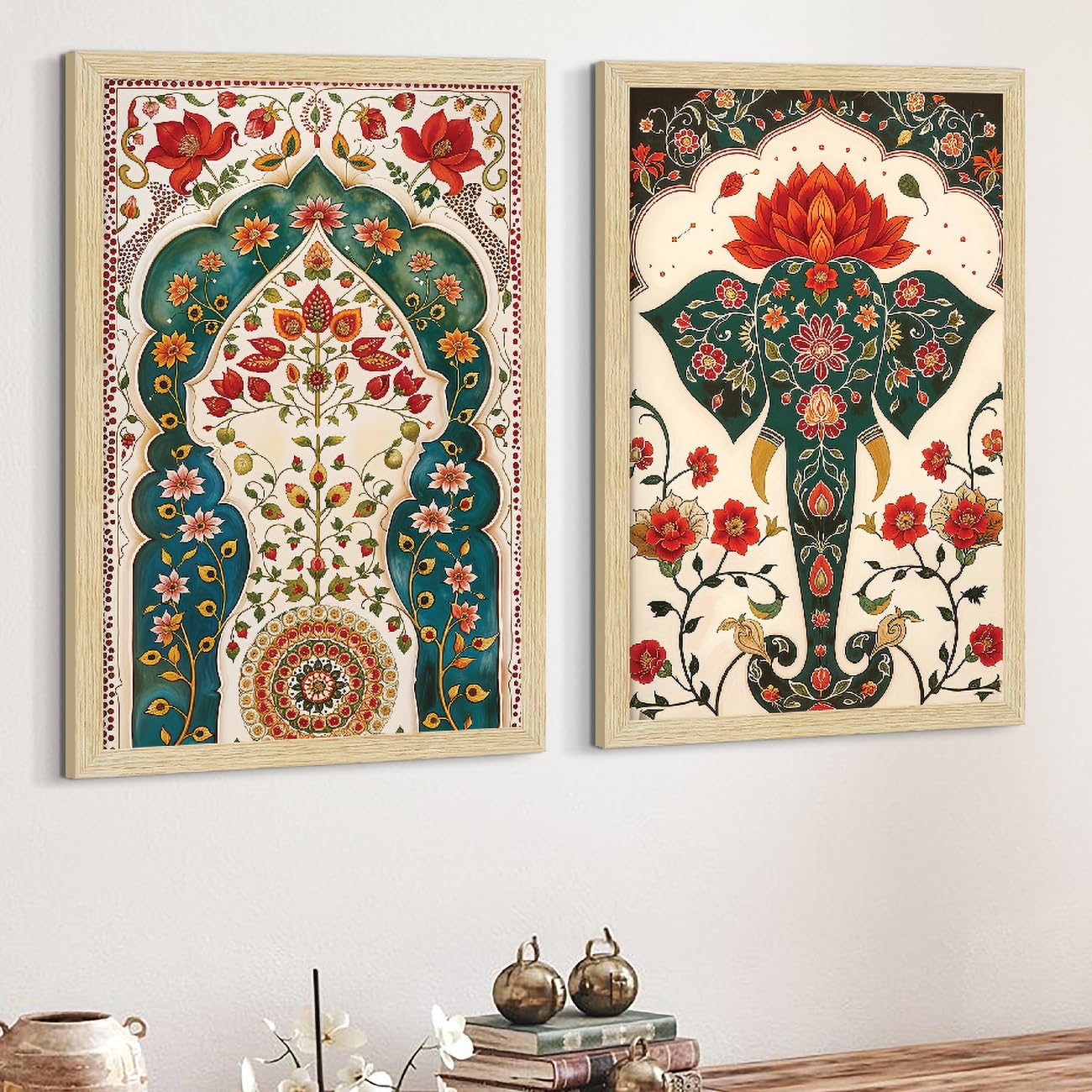 ArtX Paper Madhubani Art Paintings with Frame for Home Decor, Floral Wall Painting for Living Room, Multicolor, Natural Wood Color Frames, Set of 2