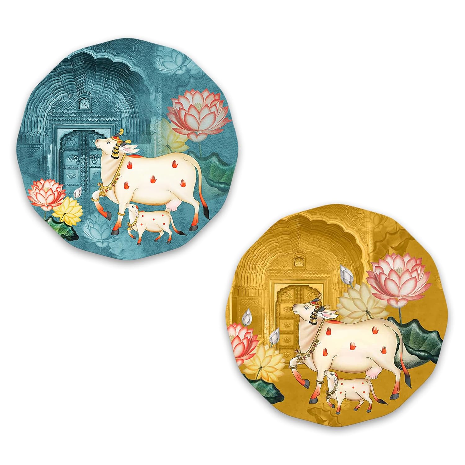 Artvibes Sacred Cow Pichwai Art Round Shape MDF Wooden Wall Decor Items | Living Room | Handcrafted Art | Wall Illustrations | Art Prints | Aesthetic Wall Art | Ideal Gifts (WH_8813NN), Set of 2