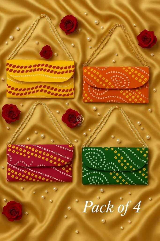 Assorted Bandhej Bandhani Patola Lotus Handbag Handicraft Handmade Ethnic Clutch Purse For Women With Pearl Handle Sling Bag For Return Gift