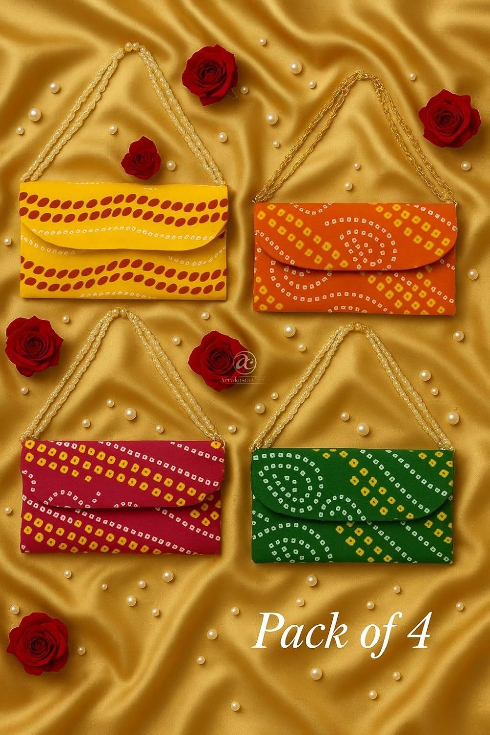 Assorted Bandhej Bandhani Patola Lotus Handbag Handicraft Handmade Ethnic Clutch Purse For Women With Pearl Handle Sling Bag For Return Gift