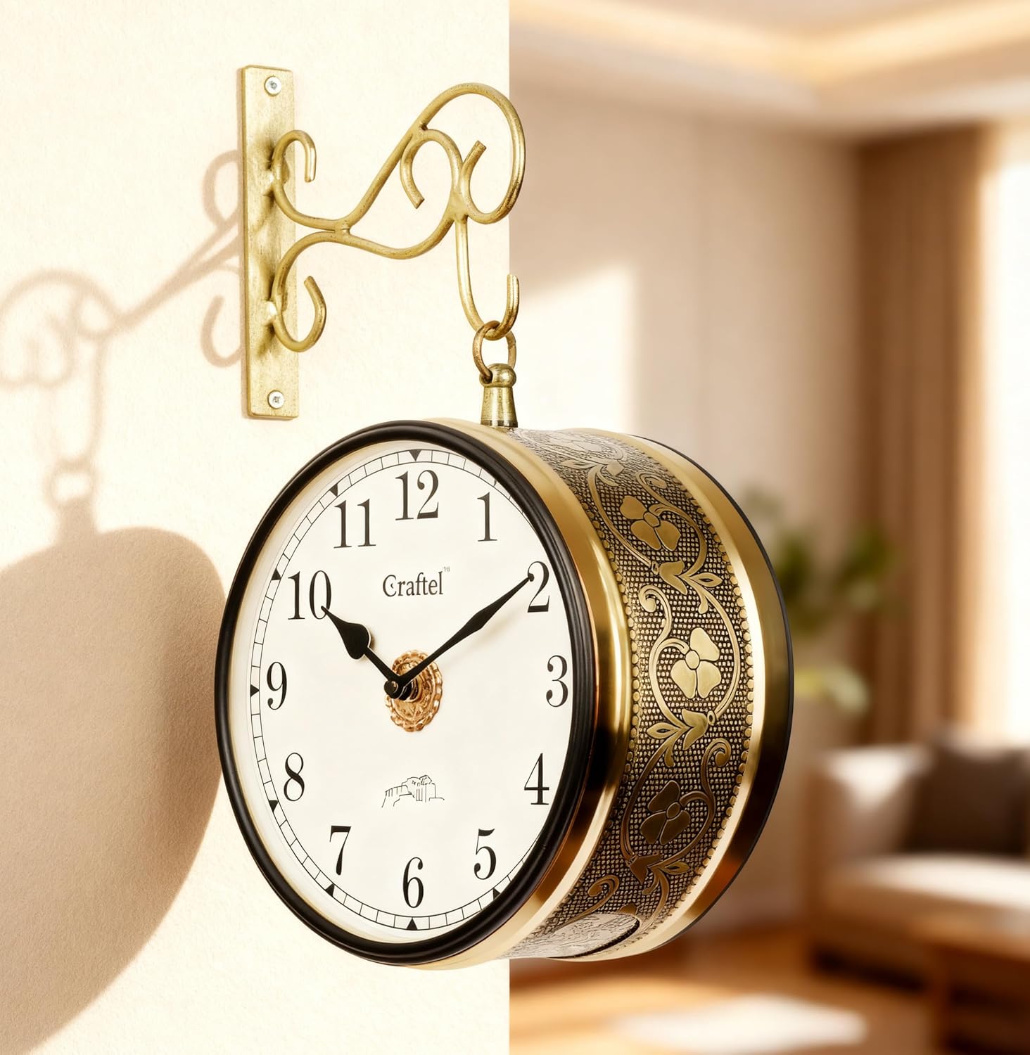 CRAFTEL Metal Analog Double Sided Vintage Station Wall Clock with Brass in dial (Shiny Gold_8 Inches)