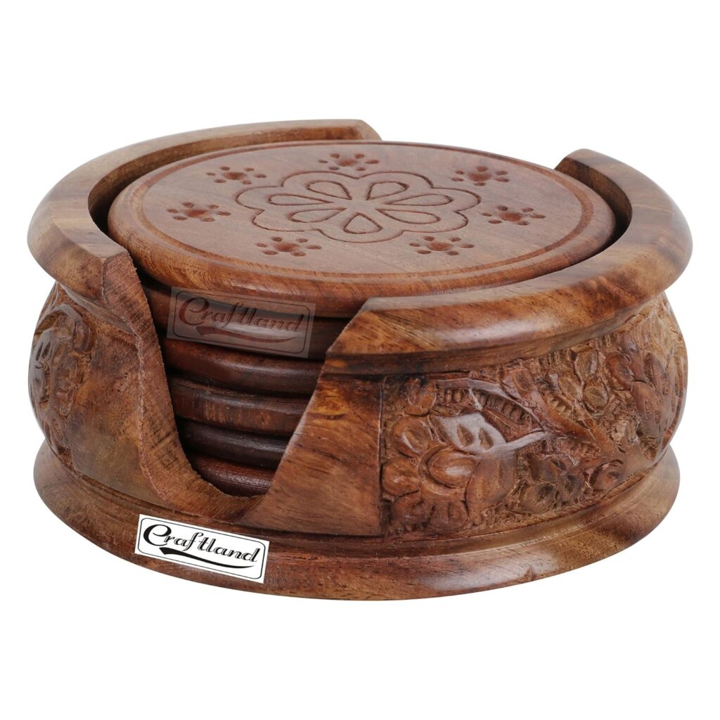 Craftland Wooden Round Carved Coaster Set for Kitchen/Dining Table,Set of 6