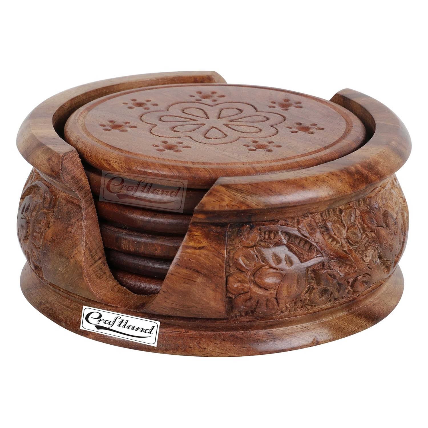 Craftland Wooden Round Carved Coaster Set for Kitchen/Dining Table,Set of 6