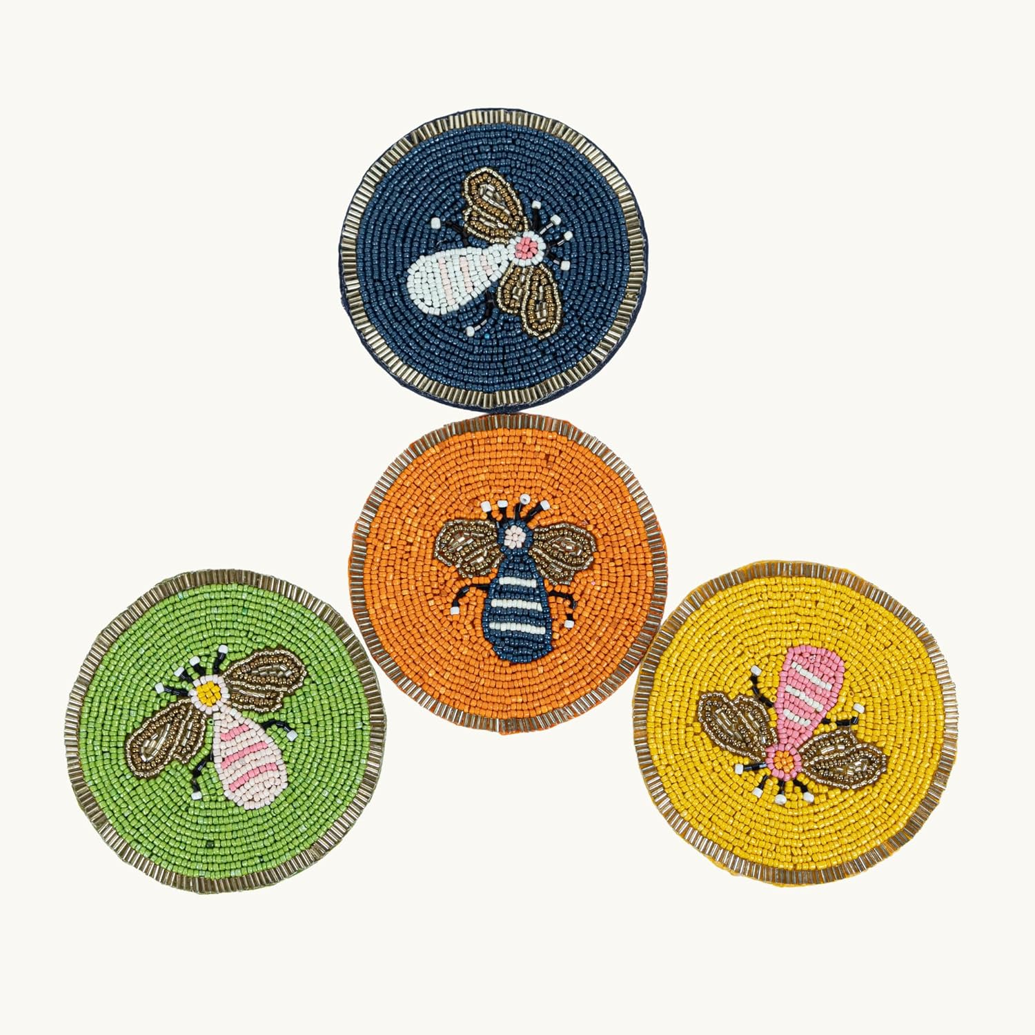 Dreamy Walls 4'' Honeybee Beaded Coasters for Drinks, Tabletop & Coffee Table | Easy Clean, Non-Slip & Heat-Resistant, Party/Office/Home Decor | 4 Inches, Set of 4, Multicolor, Embroidered, Round