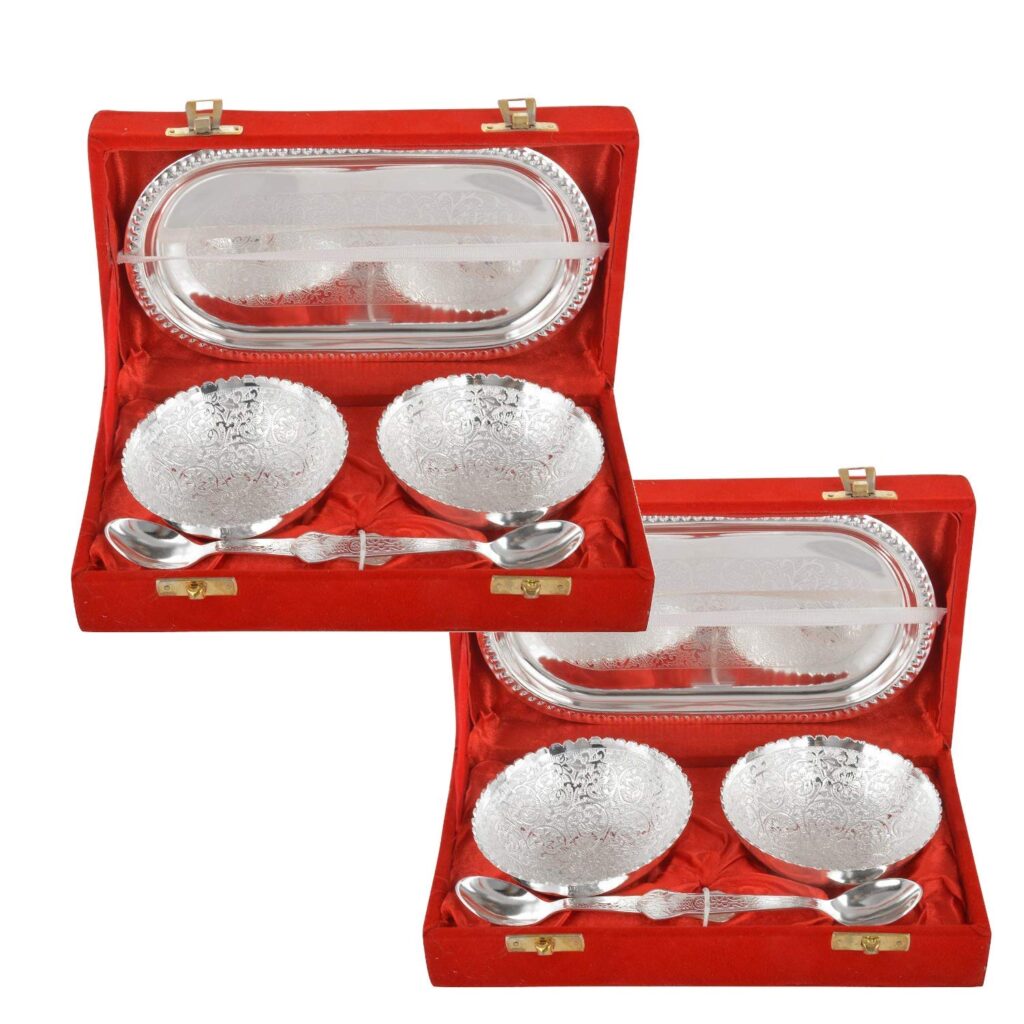 German Silver Bowl, Spoon and Tray Set (Silver, 300ml)