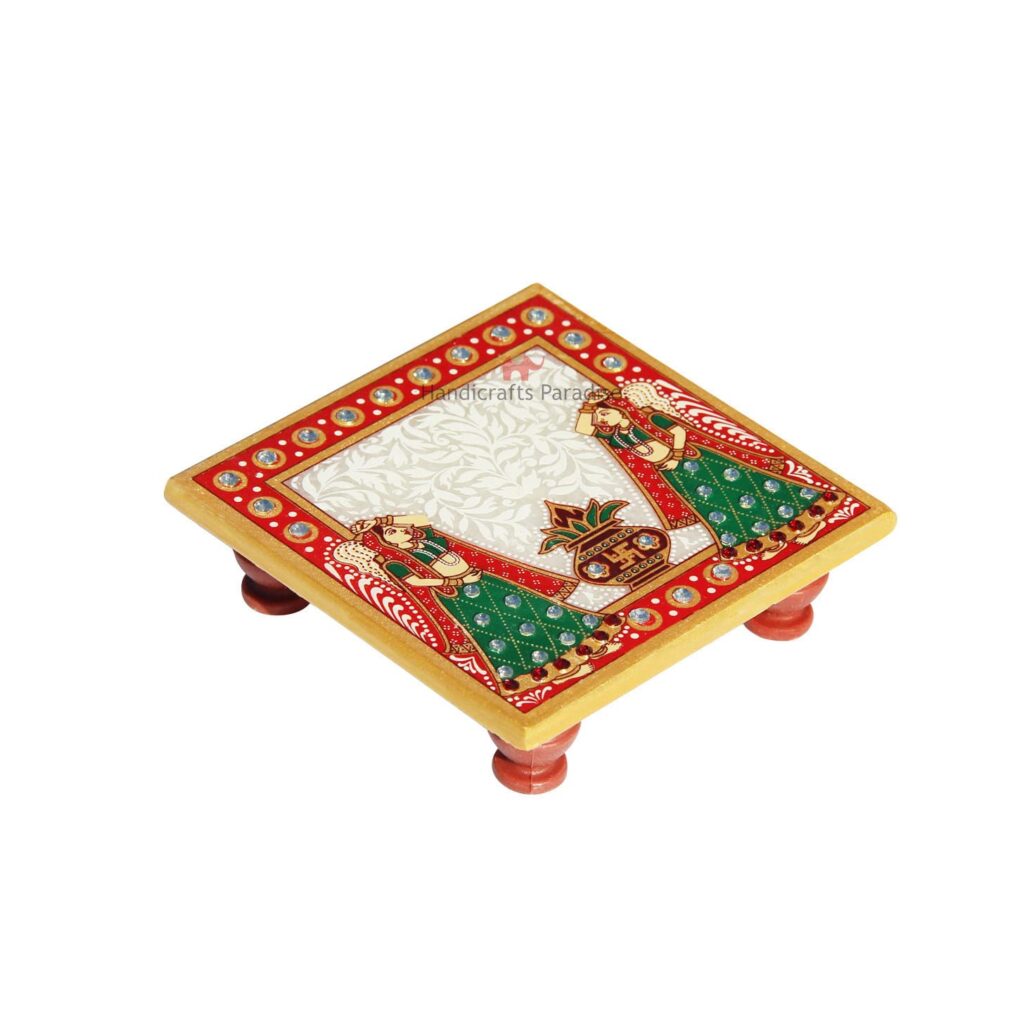 Handicrafts Paradise (4 x 4 inch) Kalash Design Marble Pooja Chowki Bajot for God, Home Mandir, Idols Statues Pratima, Home Décor Showpiece