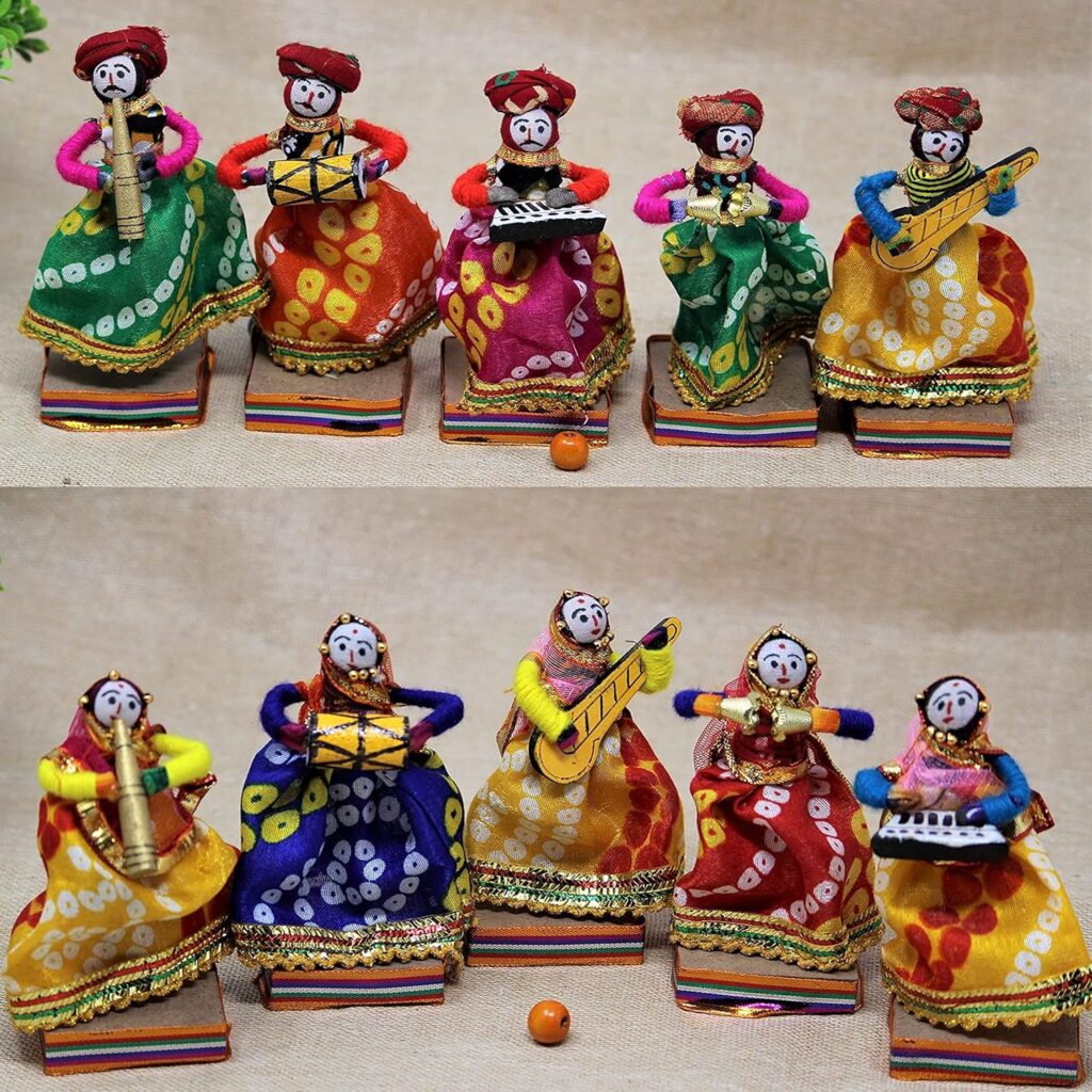JH Gallery Rajasthani Multicolor Musician Bawla Puppets Idol, Set of 10, (5 Male & 5 Female)