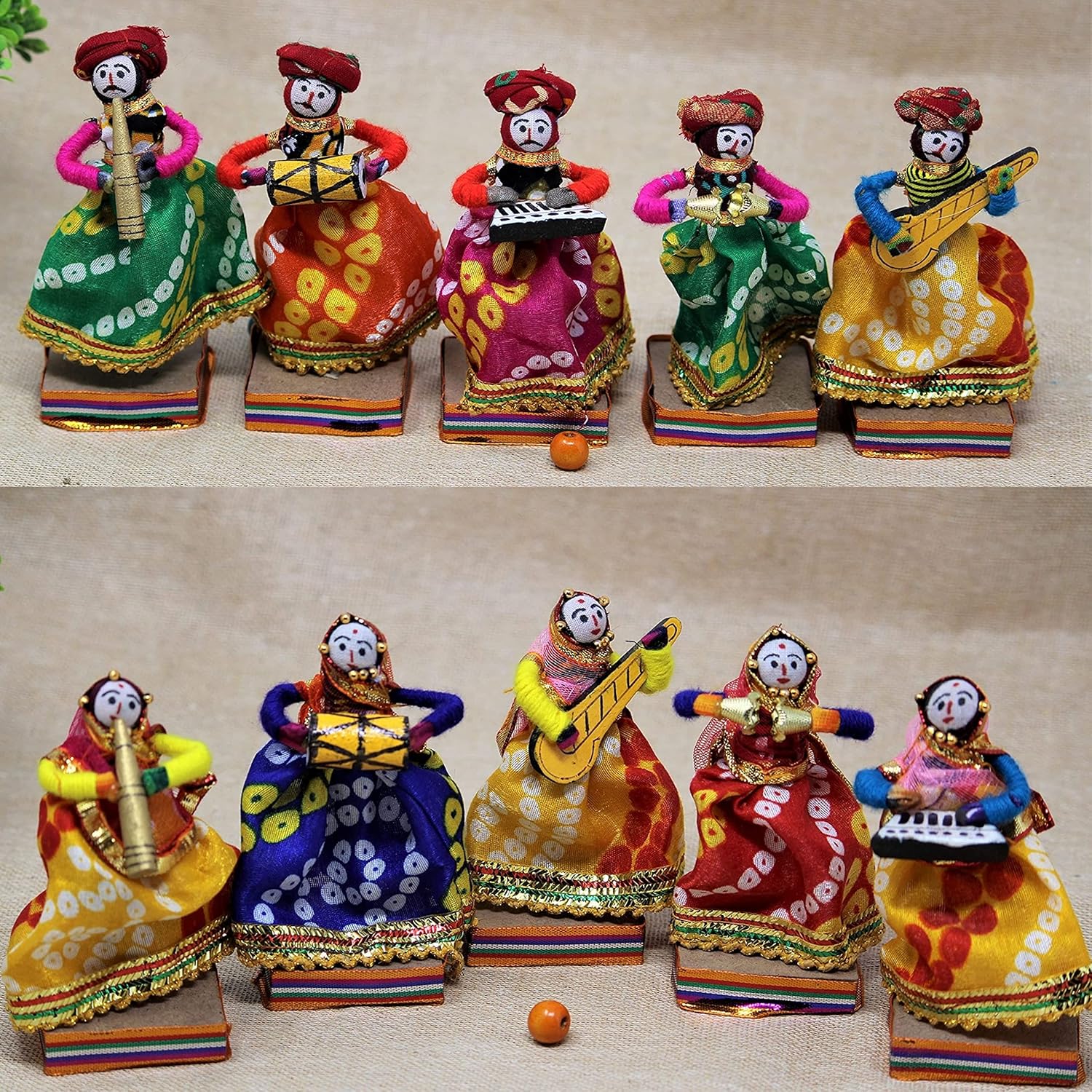 JH Gallery Rajasthani Multicolor Musician Bawla Puppets Idol, Set of 10, (5 Male & 5 Female)