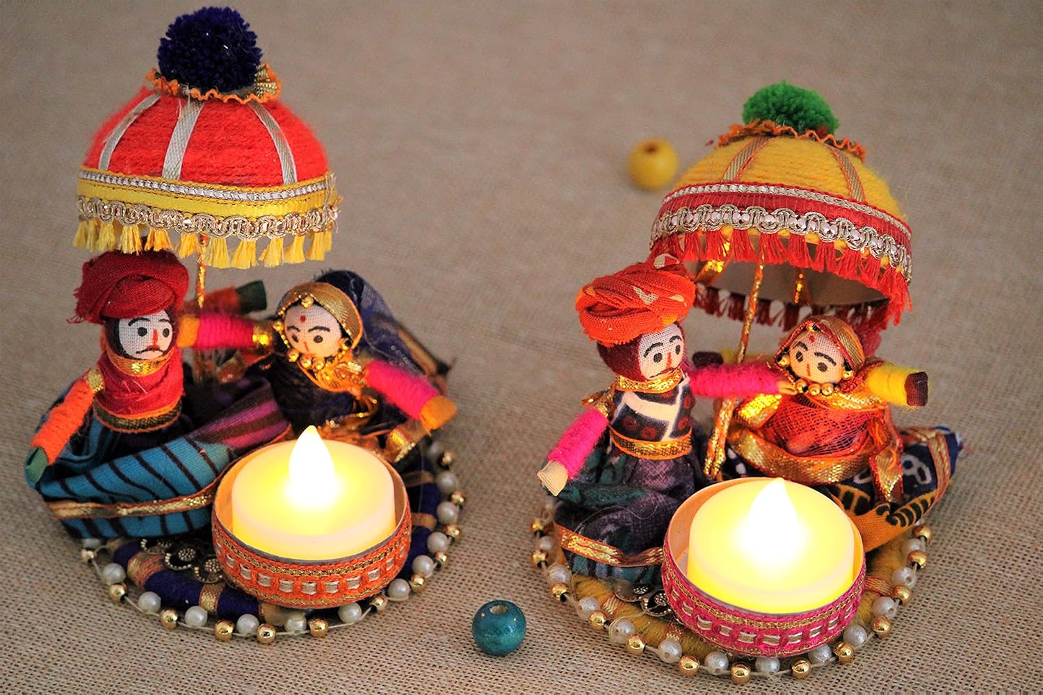 JH Gallery Recycled Material Rajasthani Raja Rani Puppet, Dolls Decorative Tealight Candle Holder, Diwali Decoration Items for Home Decor, Tea Light Candle Holder(Pack of 2)