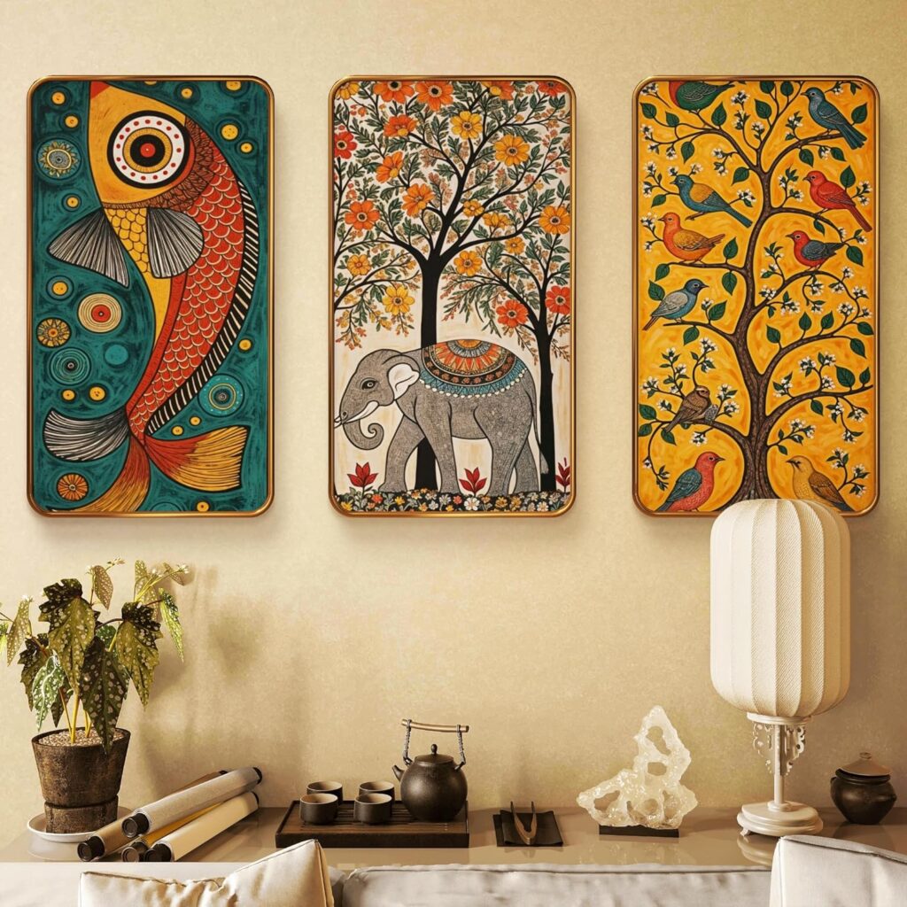 Livin’luxe Folk Art Wall Painting Set of 3 with Premium Sparkle Lamination Golden PVC Frame | Fish Elephant Bird Tree Artwork Decorative Wall Decor for Living Room Bedroom Office | Colorful Ethnic Nature Panels 30 inch x 20 inch