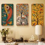 Livin’luxe Folk Art Wall Painting Set of 3 with Premium Sparkle Lamination Golden PVC Frame | Fish Elephant Bird Tree Artwork Decorative Wall Decor for Living Room Bedroom Office | Colorful Ethnic Nature Panels 30 inch x 20 inch