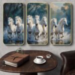 Livin'luxe Set of 3 Running horses modern art Boho painting Premium Framed Laminated Wall paintings for living room, bedroom, home decoration, wall decoration 20 inch x 30 inch SP-51