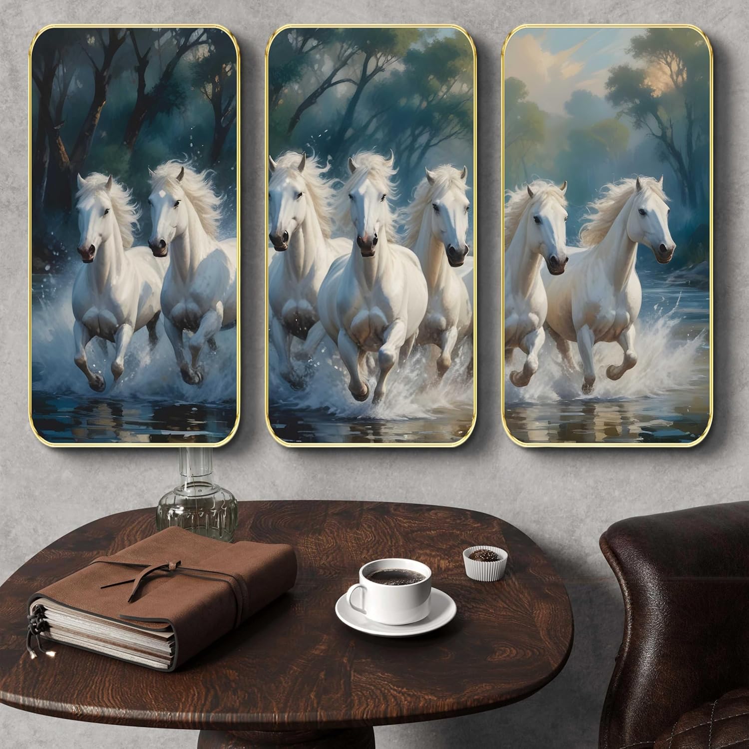 Livin'luxe Set of 3 Running horses modern art Boho painting Premium Framed Laminated Wall paintings for living room, bedroom, home decoration, wall decoration 20 inch x 30 inch SP-51