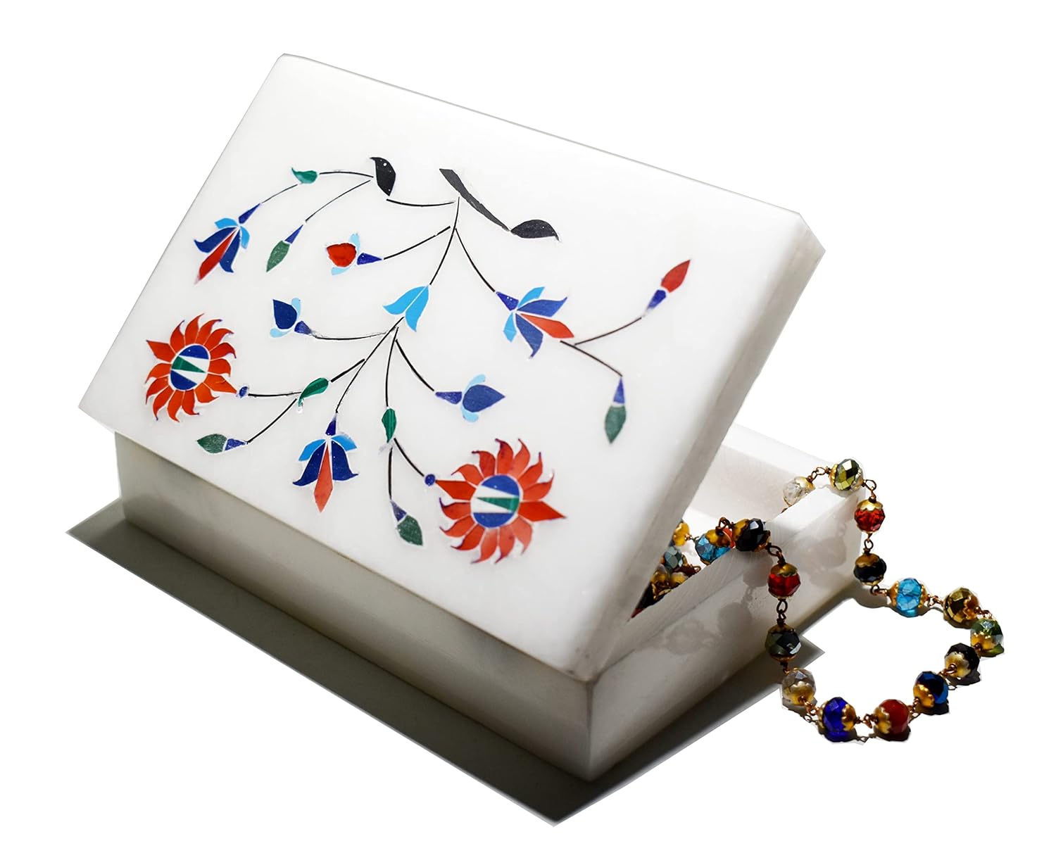MARBOGLASS India Handicraft White Marble with floral inlay work Trinket Jewelry Box for Multi Purpose Use and Perfect Gifts for Women and Girls. Size - 6 x 4 inch