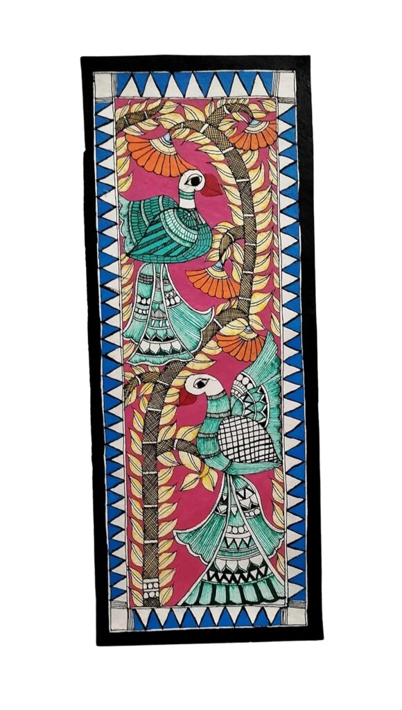 MINI ART MITHILA PAINTING/MADHUBANI PAINTING OF PEACOCK- FULLY HANDMADE (15.8 X 6 INCH)-UNFRAMED