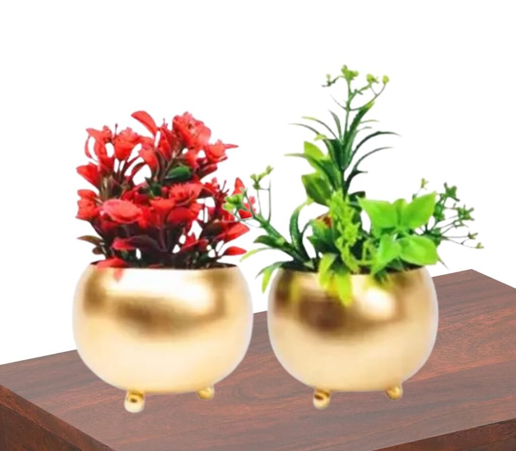 Metal GOL Flower Pot (10.5x10.5x10.5 CM) (Pack of 2 Pcs) for Decoration of Flowers with Gold Powder Coated Color Flower Pot