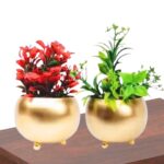 Metal GOL Flower Pot (10.5x10.5x10.5 CM) (Pack of 2 Pcs) for Decoration of Flowers with Gold Powder Coated Color Flower Pot