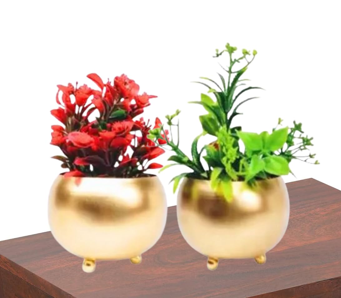 Metal GOL Flower Pot (10.5x10.5x10.5 CM) (Pack of 2 Pcs) for Decoration of Flowers with Gold Powder Coated Color Flower Pot