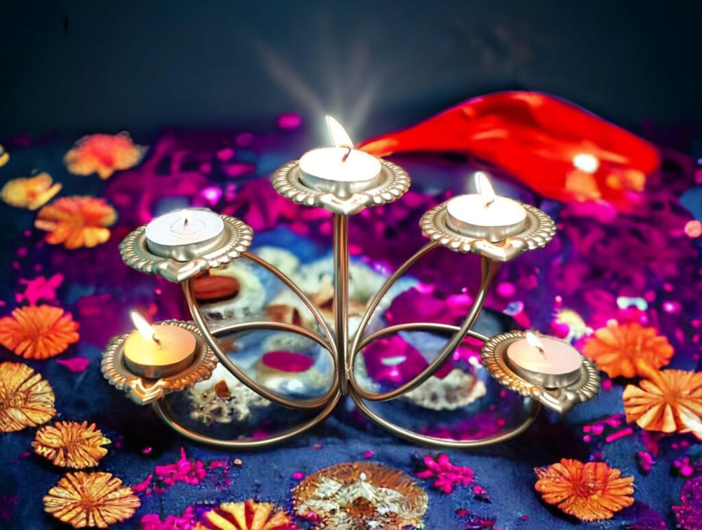 Metal Panchdeep Diya T-Light Candle Holders (Pack of 1 Pc) for Diwali Lighting with T-Light & with Gold Powder Coated & Free Candles for Home & Diwali Decoration