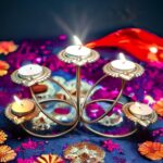 Metal Panchdeep Diya T-Light Candle Holders (Pack of 1 Pc) for Diwali Lighting with T-Light & with Gold Powder Coated & Free Candles for Home & Diwali Decoration