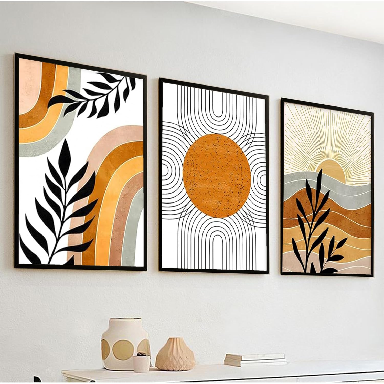 Modern Abstract Madhubani Art Painting with Frame | UV Printed, Scratchless Sparkle Laminated | Paintings for Living Room, Home Decor, Bedroom, Office, Hall, Black Textured Frames, Set of 3