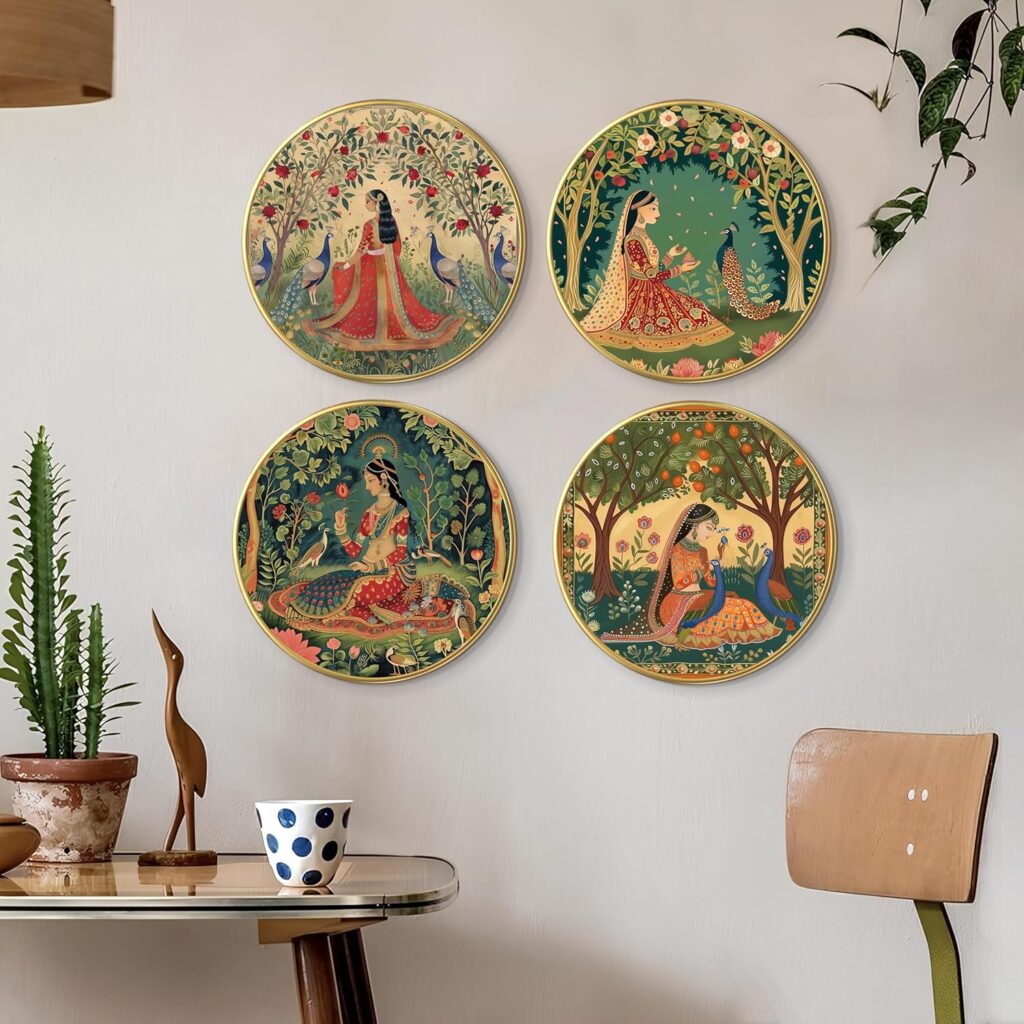 PAINTINGMANTRA Madhubani Pichwai Round Wall Art Painting for Living Room Decoration, Circular Gold Metal Finish Stylish Large Wall Art Print for Wall Décor, Mothers day Gift, (Set of 4, 12x12 Inches)