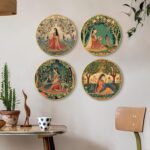 PAINTINGMANTRA Madhubani Pichwai Round Wall Art Painting for Living Room Decoration, Circular Gold Metal Finish Stylish Large Wall Art Print for Wall Décor, Mothers day Gift, (Set of 4, 12x12 Inches)