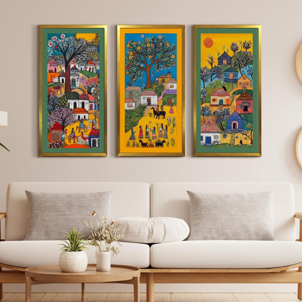 PAPER PLANE DESIGN Madhubani paintings for living room. Set of 3 canvas wrapped framed madhubani art for wall decor. 12 x 24 inch x 3 frames. (I)