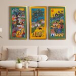 PAPER PLANE DESIGN Madhubani paintings for living room. Set of 3 canvas wrapped framed madhubani art for wall decor. 12 x 24 inch x 3 frames. (I)