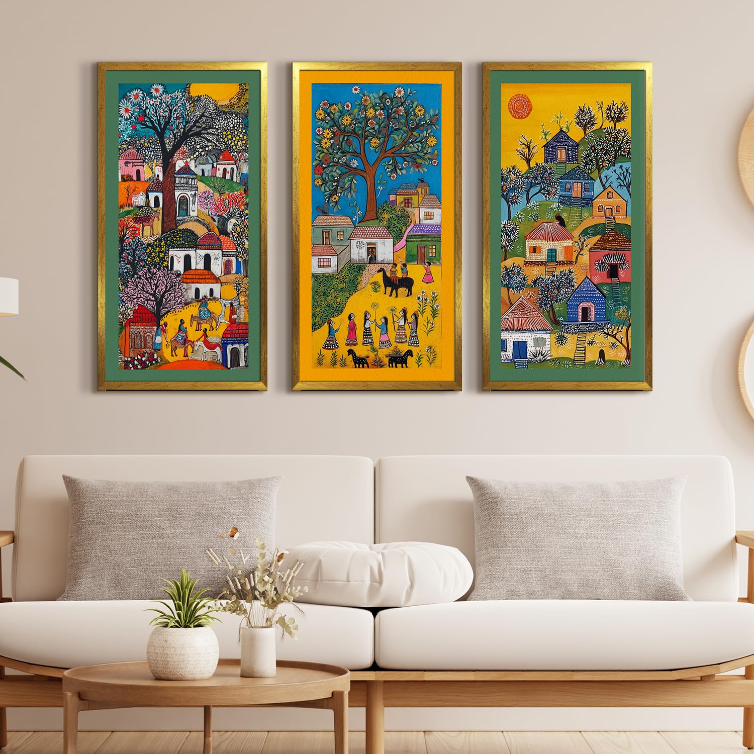 PAPER PLANE DESIGN Madhubani paintings for living room. Set of 3 canvas wrapped framed madhubani art for wall decor. 12 x 24 inch x 3 frames. (I)