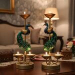 Peacock Candle Holders Set of 2 - Decorative Brass Tea Light Stand with Green & Gold Finish - Home Decor Centerpiece for Living Room, Dining Table, Wedding, Festival - Indian Handicraft