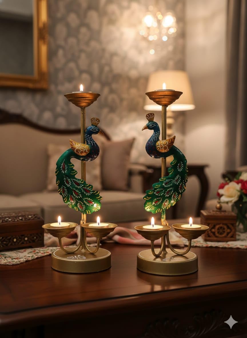 Peacock Candle Holders Set of 2 - Decorative Brass Tea Light Stand with Green & Gold Finish - Home Decor Centerpiece for Living Room, Dining Table, Wedding, Festival - Indian Handicraft