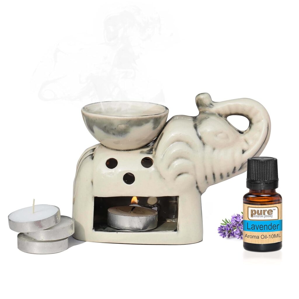 Pure Source India Elephant Shape Aroma Burner Coming with 4 pcs Free Candles and 10 ML Lavender Aroma Oil (Antique White) (Lavender)