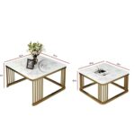 RIZIK STORE™ Iron Base Handmade Square 20"x20" & 18" x 18" Coffee Table/Nesting Table/Side Table/Center Table with Marble MDF White Top for Living Room/Drawing Room/Balcony Gold (Black)