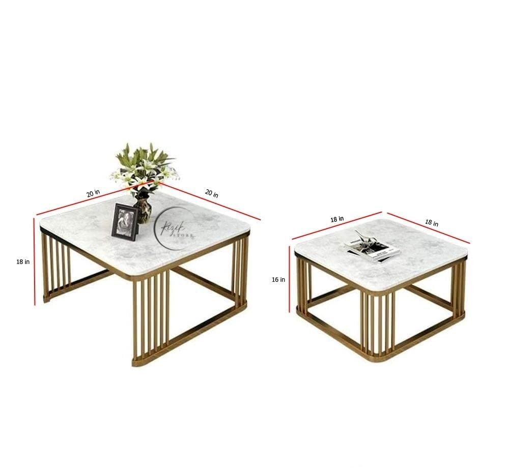 RIZIK STORE™ Iron Base Handmade Square 20"x20" & 18" x 18" Coffee Table/Nesting Table/Side Table/Center Table with Marble MDF White Top for Living Room/Drawing Room/Balcony Gold (Black)