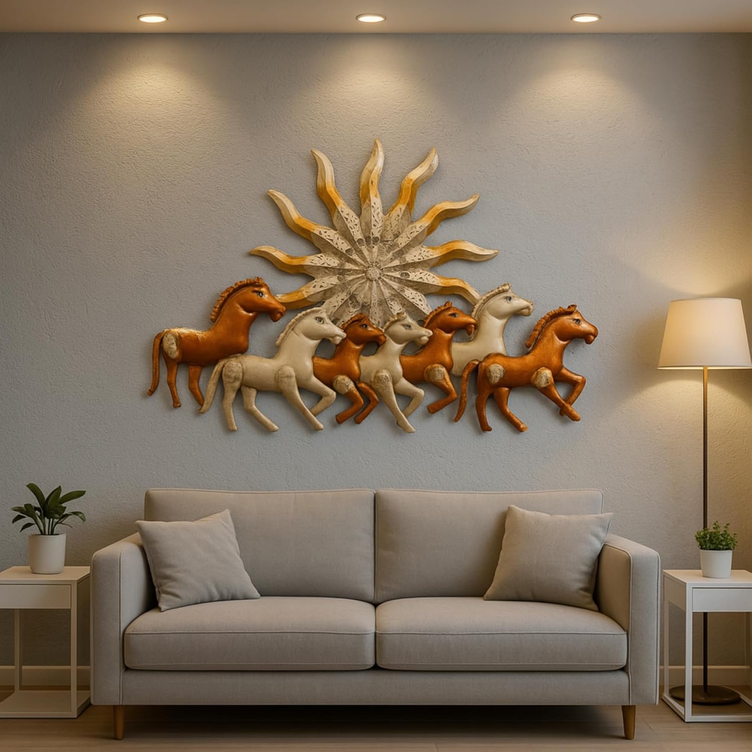 RSN Decorative Metal Wall Art, Running 7 Horses with Sun Design, Gold and Bronze Finish With LED light for Living Room, Drawing Room, and Office Decor-Size-37x2x24 Inch