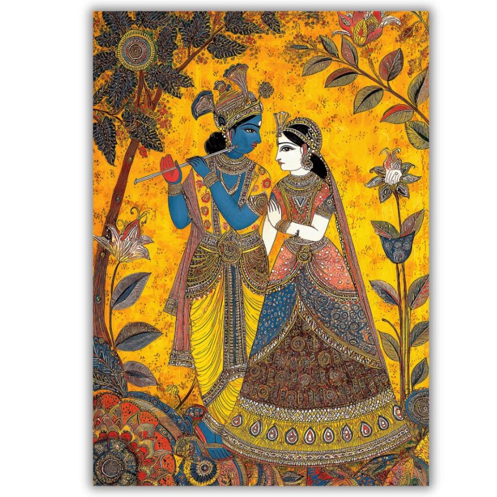 Radha Krishna Wall Painting | WITHOUT FRAME | Madhubani Paintings for Living Room | Radha Krishna Canvas Painting Big Size 20 x 28 Inch | Mithila Art | Eco-Friendly Museum-Grade Canavs in matte finish