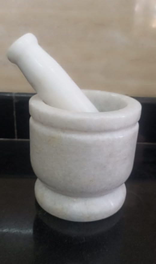 Rajasthan Art Large Marble Mortar And Pestle Set Stone Grinder/Khara/Khalbatta/Imam Dasta/Ohkli Musal/Okhli Masher For Kitchen Or Home (5X5 Inch, White)