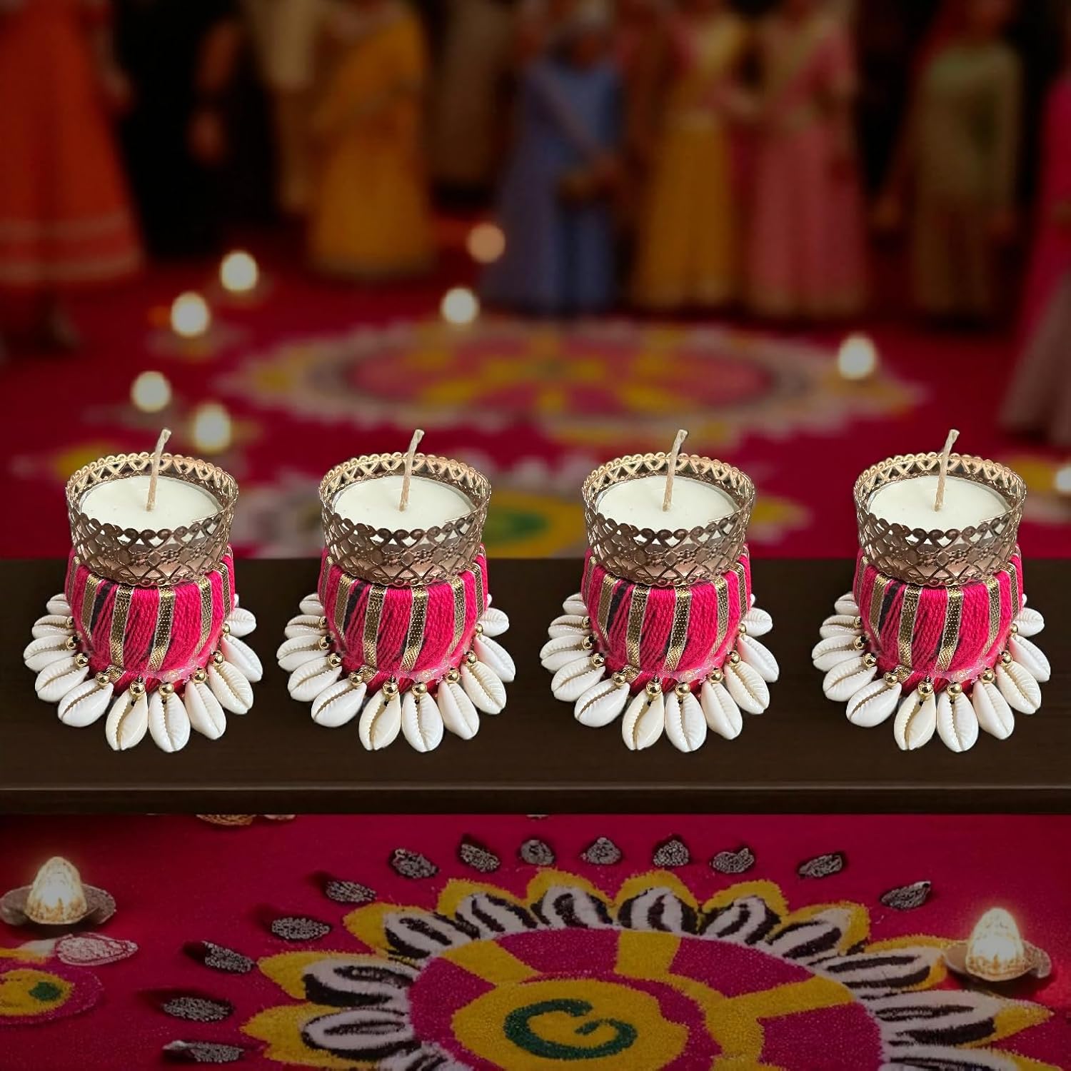 Rajasthan Kraft Handmade Pack of 4 Kodi Kada with Woolen Damru Tea Light Candle Holder, Traditional Candle Stand with Seashell & Woolen Damru, Perfect for Diwali & Home Decor, Size - 3 * 2.5 Inch