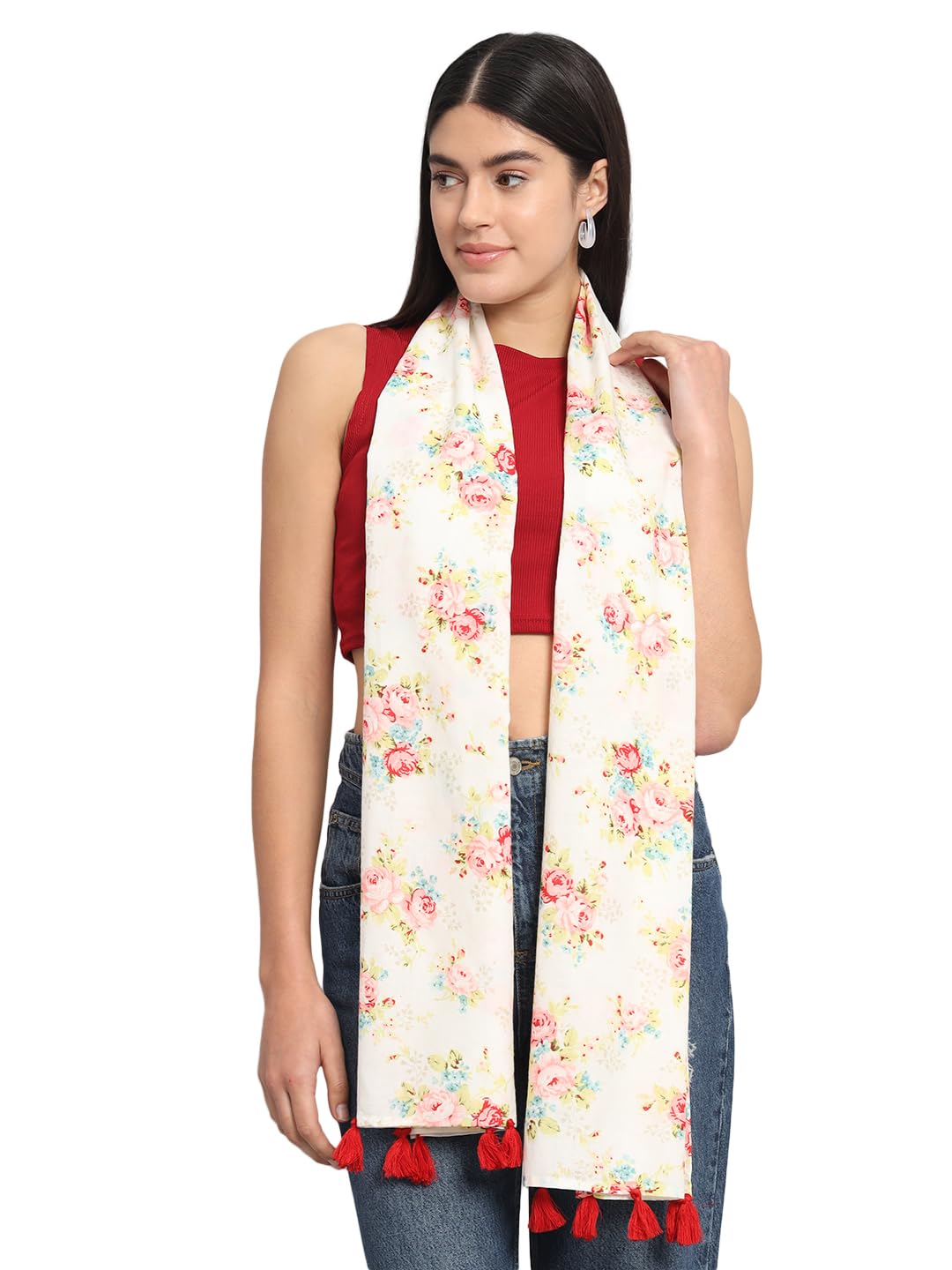 Ravaiyaa - Attitude is everything Women Off White & Peach Hand Block Rose Printed Cotton Tasseled Scarf 71" X 21" Inch