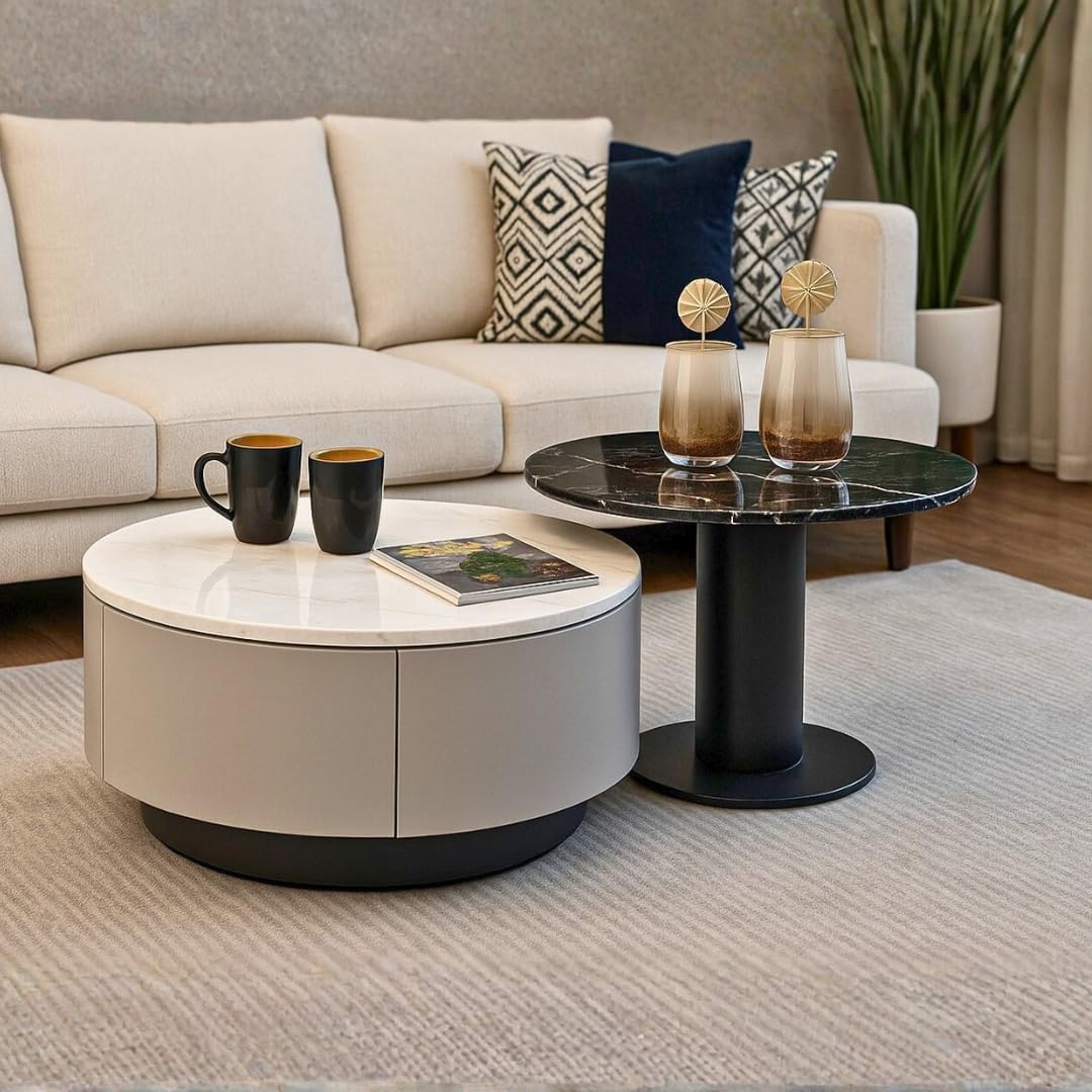 Royaloak Lucca Italian Glass Coffee Table Set of Two | Tempered Glass with Marble Effect Surface & Cylindrical Base | Drawer Storage, Contrasting Side Design, Stylish Centre Table for Living Room