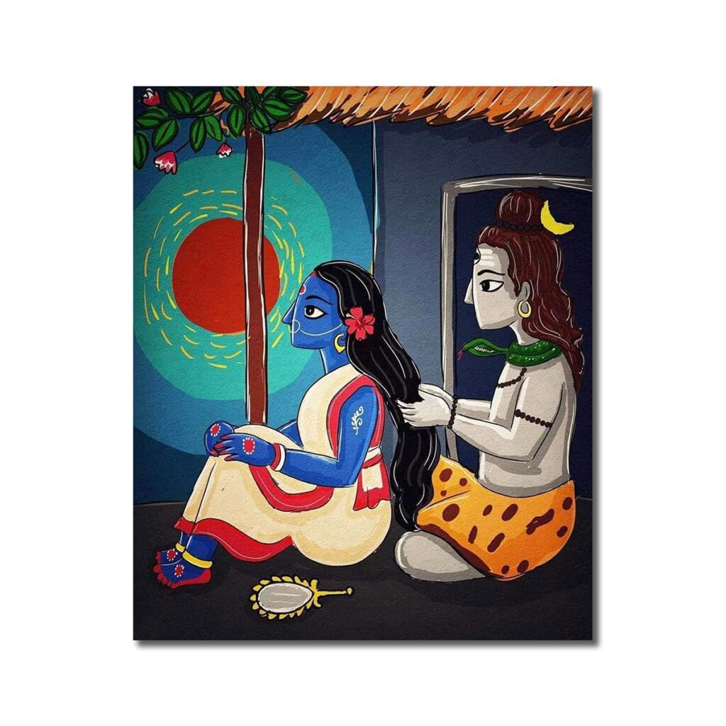 Sikhash Madhubani Art Canvas Painting | Lord Shiva and Goddess Parvati | Traditional Indian Folk Art Wall Decor for Living Room, Bedroom 35X29 Inches Unframed.