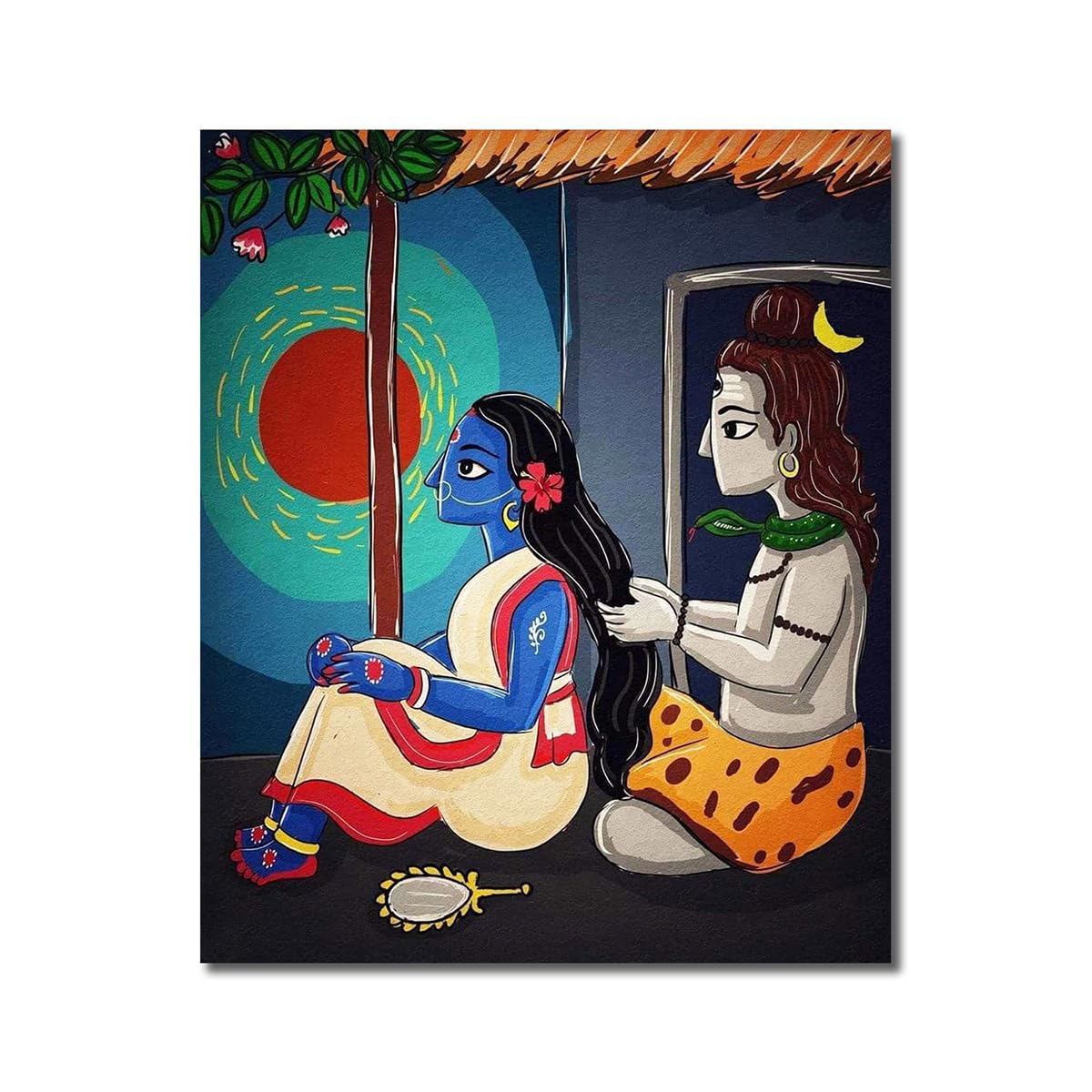 Sikhash Madhubani Art Canvas Painting | Lord Shiva and Goddess Parvati | Traditional Indian Folk Art Wall Decor for Living Room, Bedroom 35X29 Inches Unframed.